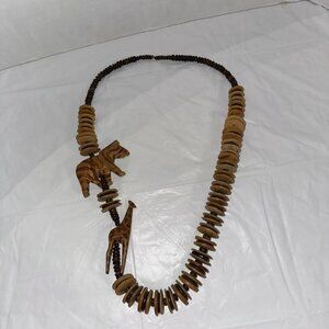 Wooden Animal Bead Necklace With Hand-Carved Giraffe & Elephant Coconut Beads